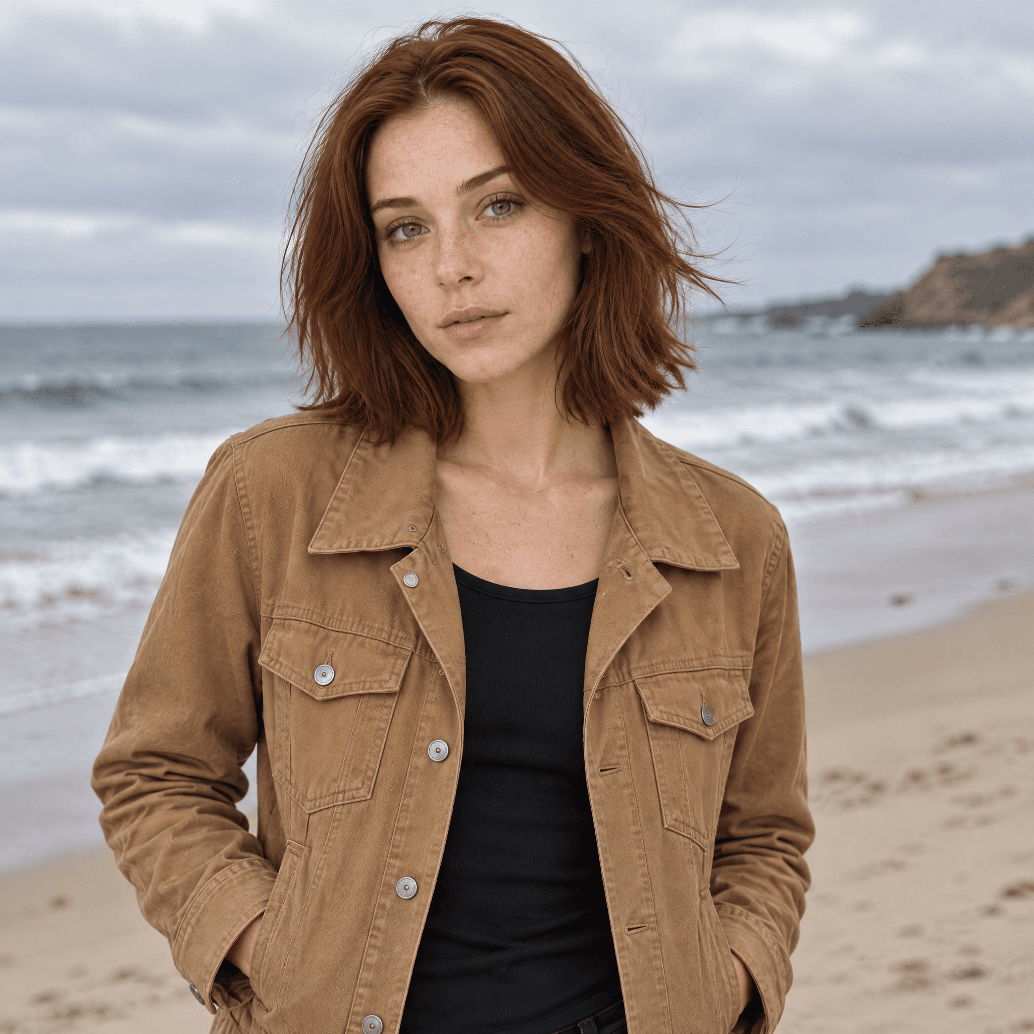 Generated photograph of the same woman on a beach