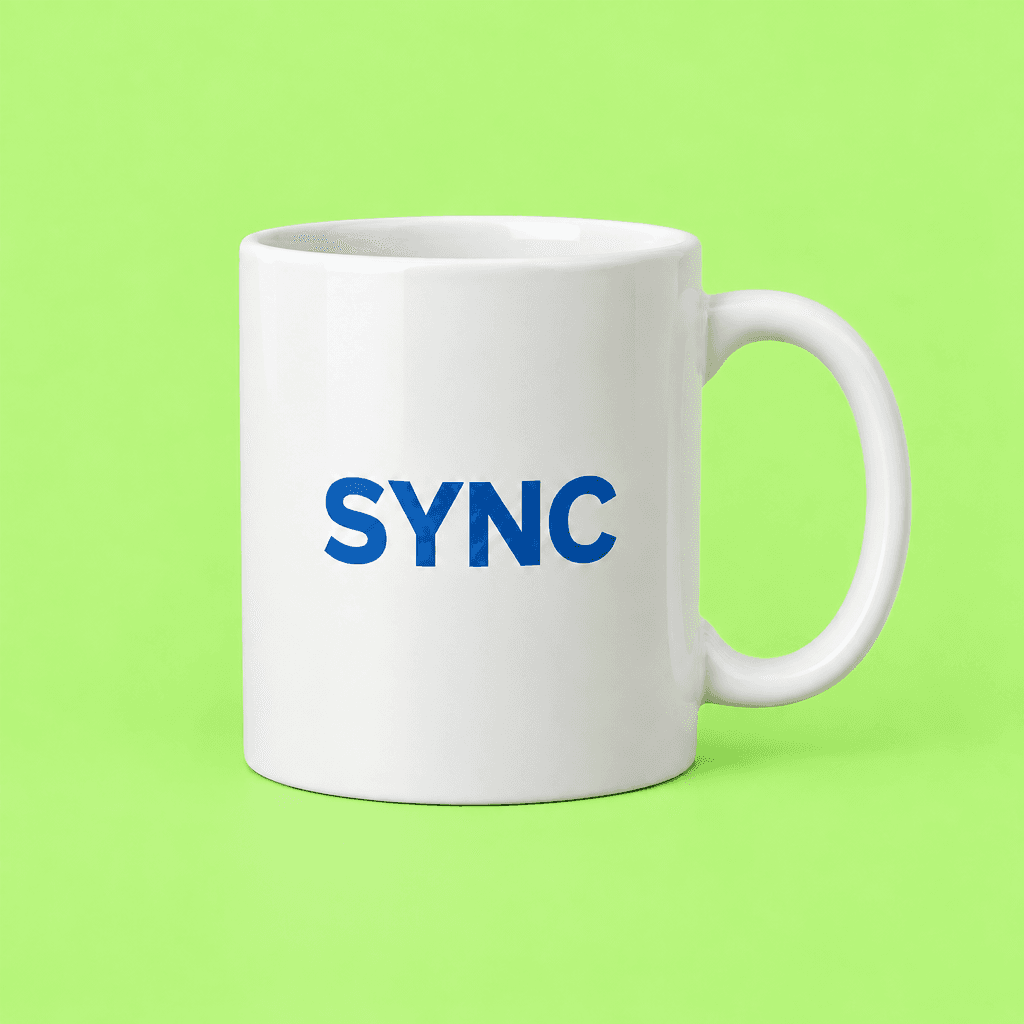 Generated white SYNC mug on a light green background