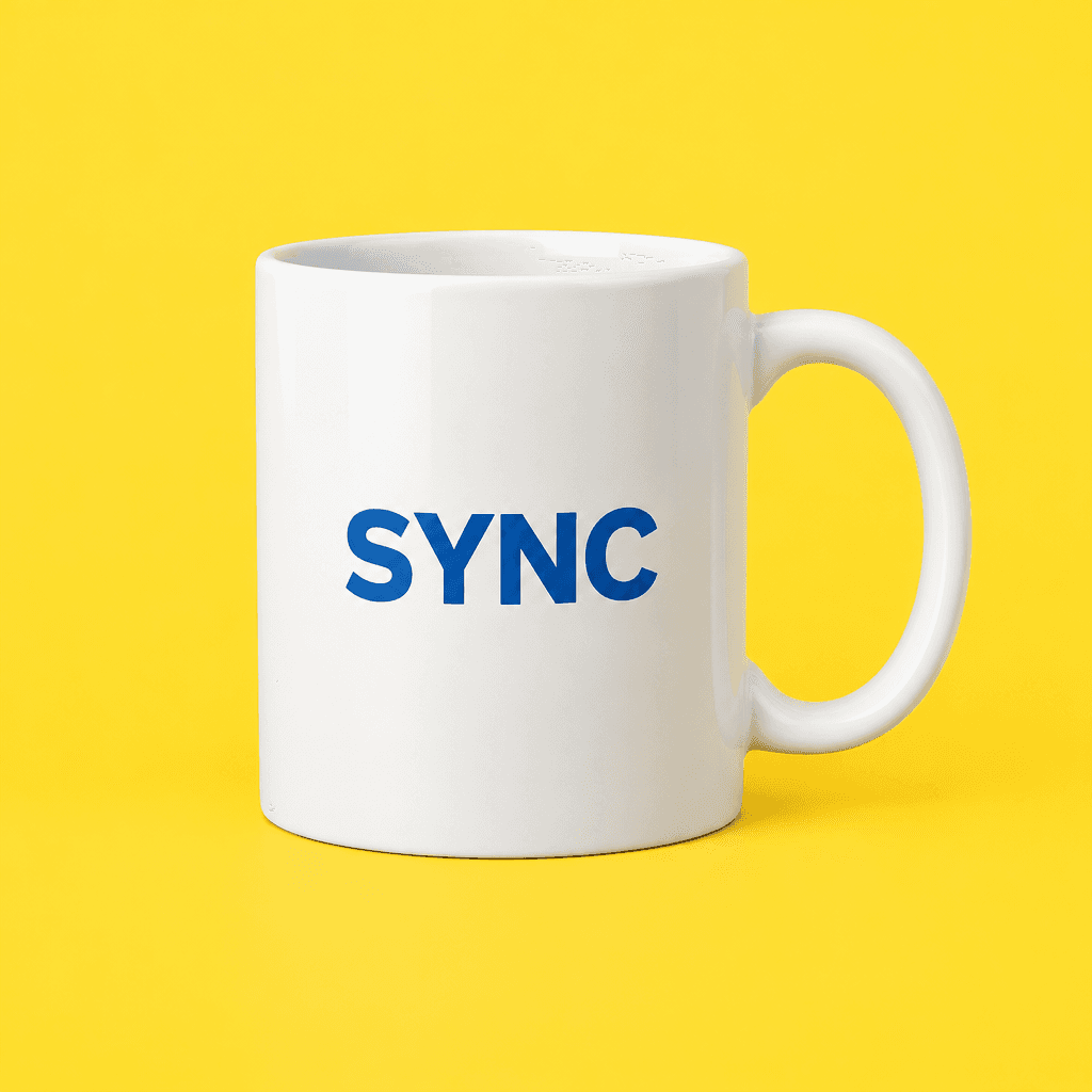 Generated white SYNC mug on a yellow background, used as reference