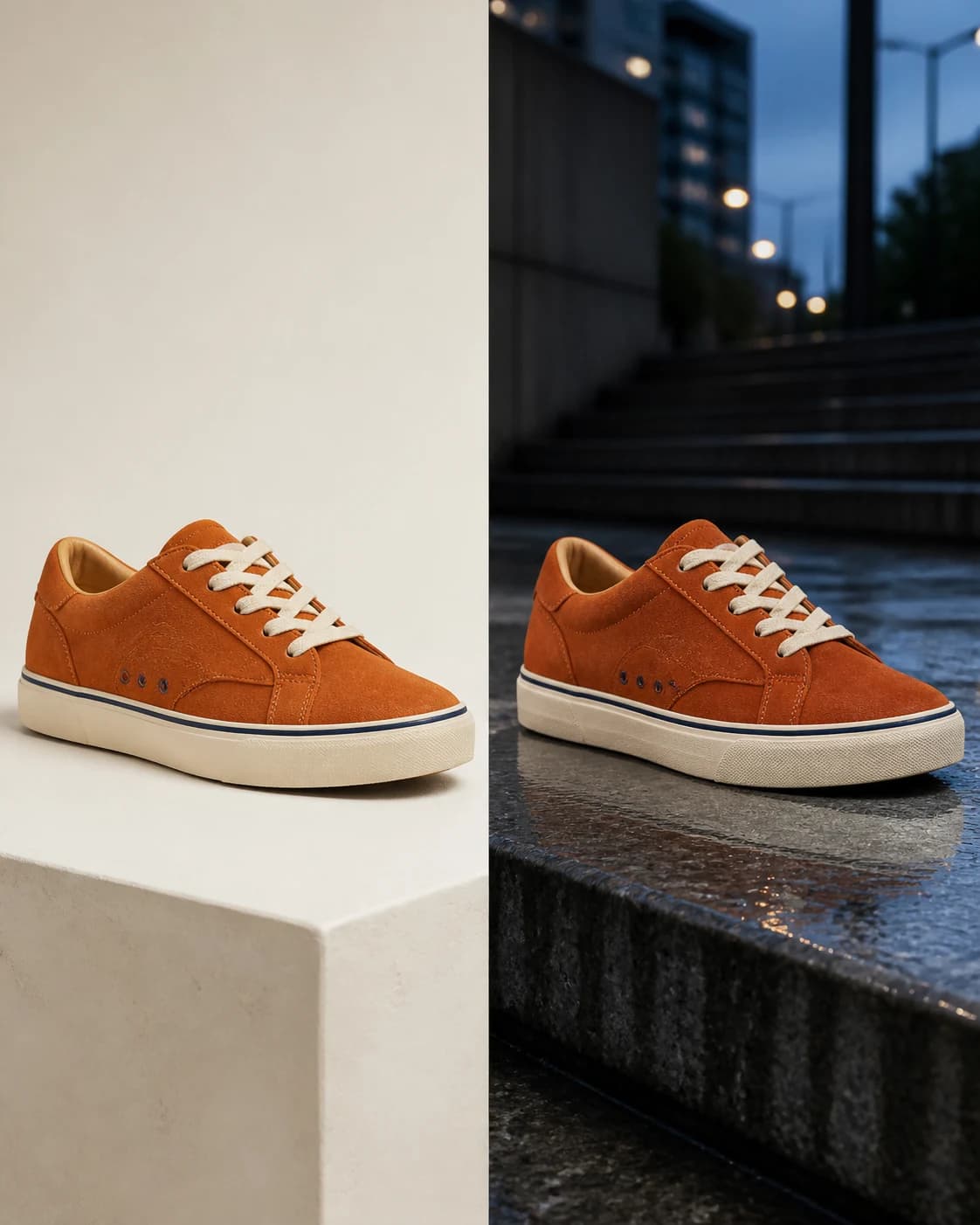 The same burnt orange suede sneaker shown in a white studio and on a rainy city step