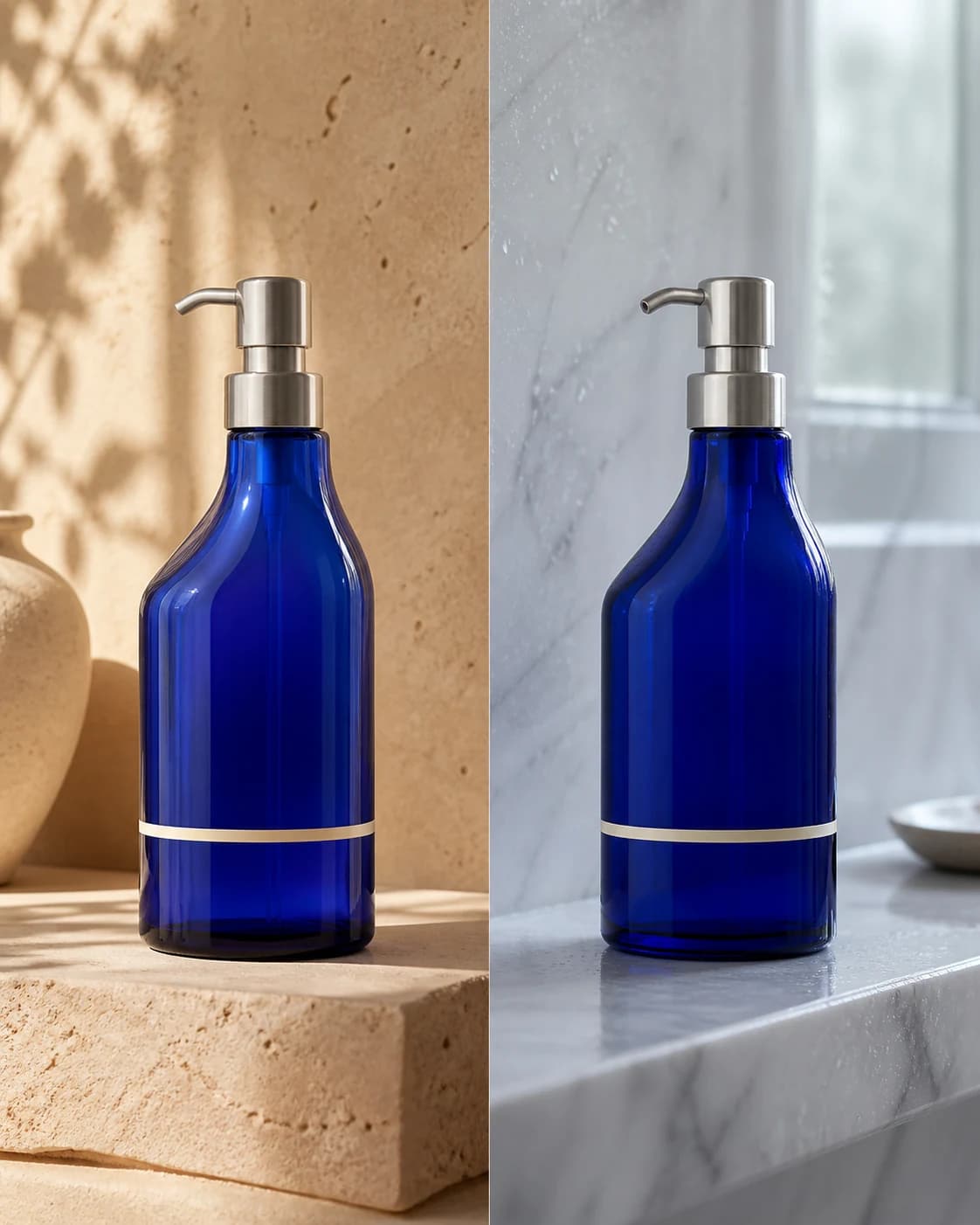 The same cobalt blue skincare bottle photographed in warm stone and cool bathroom settings