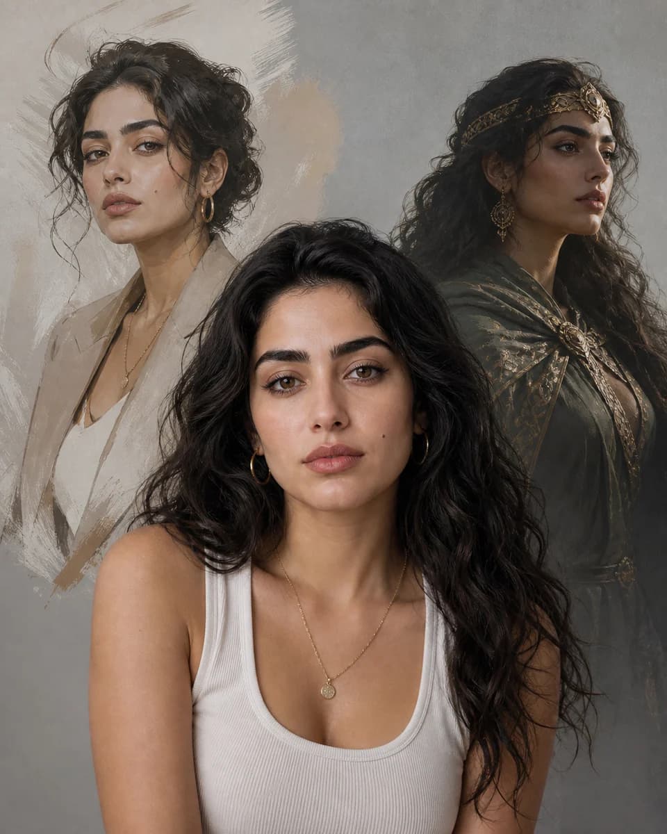 A portrait used as the identity reference for several matching AI character images