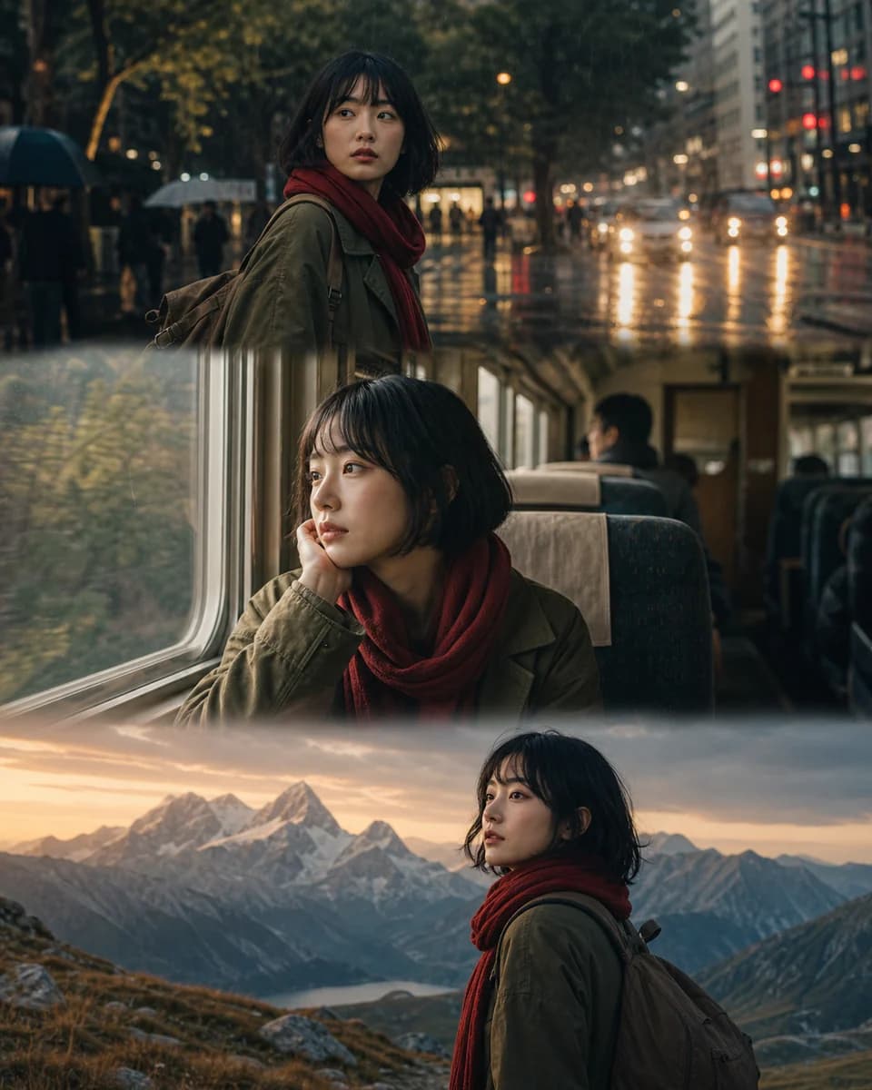 The same red-haired woman shown consistently across six nighttime city views
