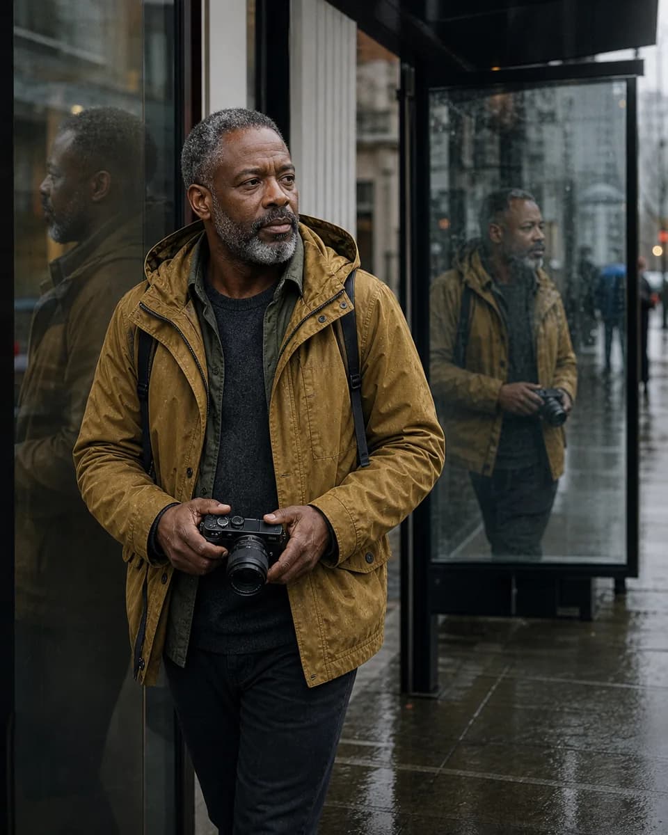 A hyper-realistic Black male photographer shown consistently in two natural glass reflections